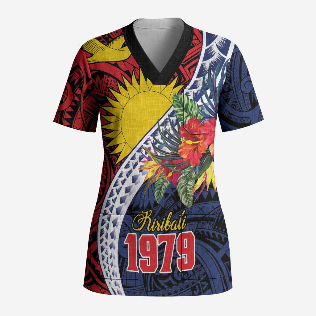 Flag of Kiribati Polynesian Pattern Scrub Top Est 1979 With Tropical Flowers - Polynesian Pride