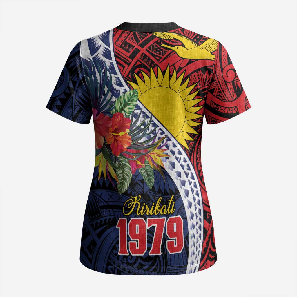 Flag of Kiribati Polynesian Pattern Scrub Top Est 1979 With Tropical Flowers - Polynesian Pride