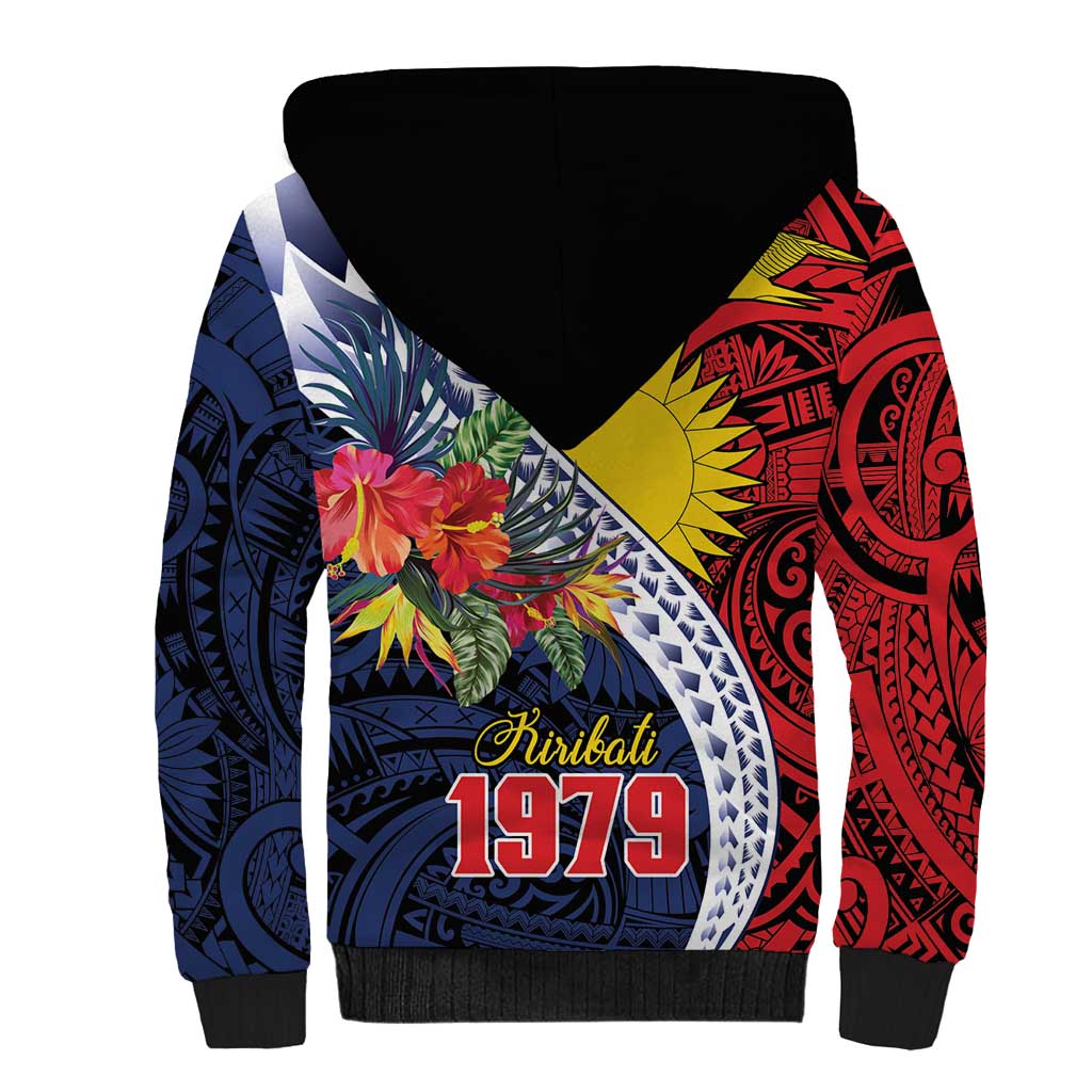 Flag of Kiribati Polynesian Pattern Sherpa Hoodie Est 1979 With Tropical Flowers