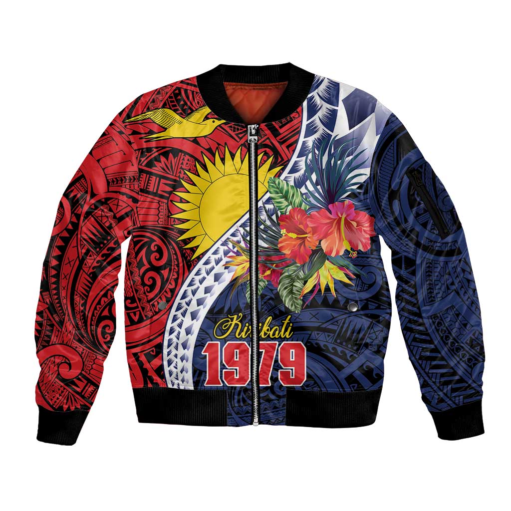 Flag of Kiribati Polynesian Pattern Sleeve Zip Bomber Jacket Est 1979 With Tropical Flowers