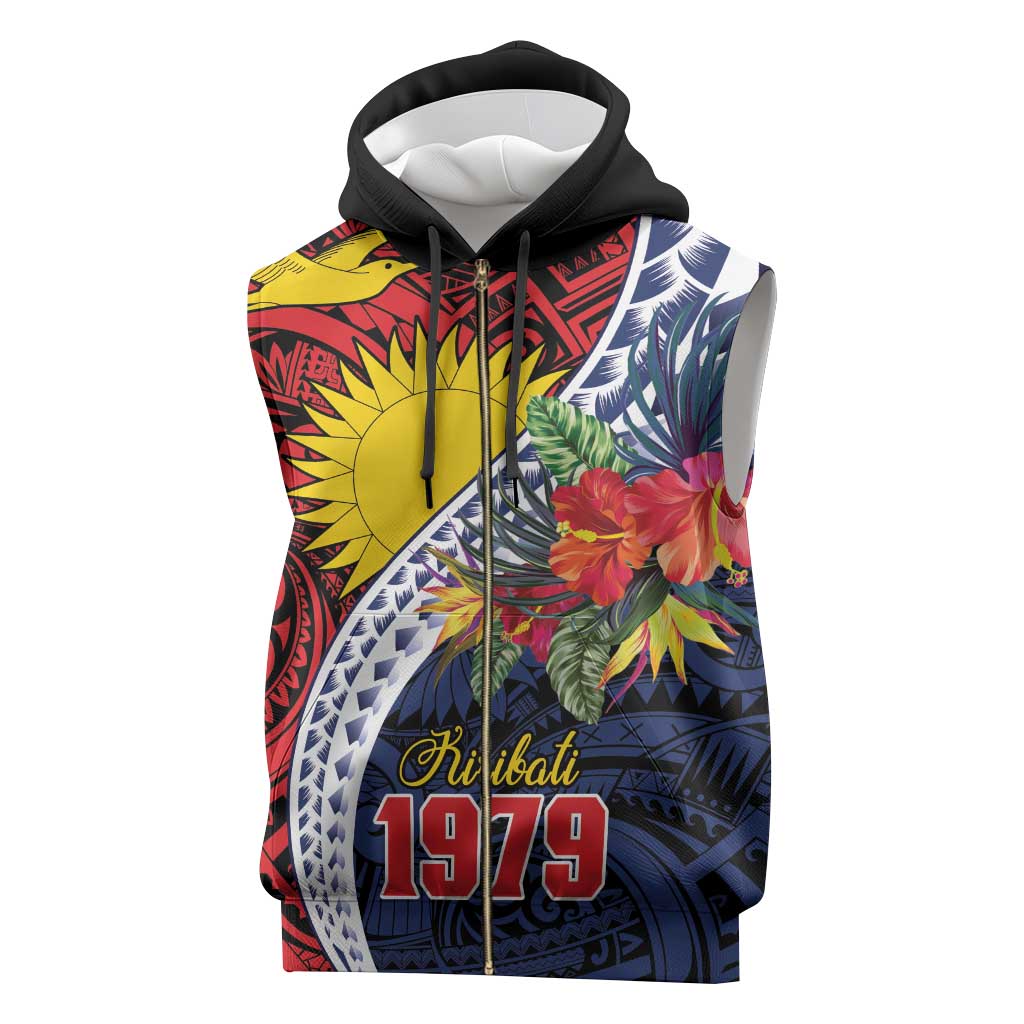 Flag of Kiribati Polynesian Pattern Sleeveless Zip Hoodie Est 1979 With Tropical Flowers - Polynesian Pride