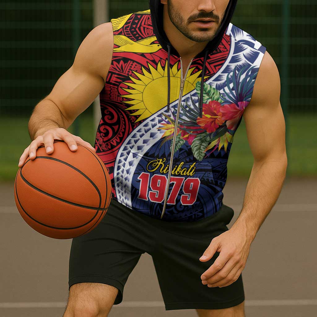 Flag of Kiribati Polynesian Pattern Sleeveless Zip Hoodie Est 1979 With Tropical Flowers - Polynesian Pride