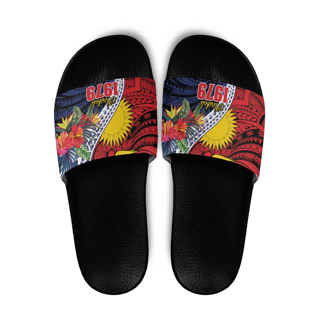 Flag of Kiribati Polynesian Pattern Slide Sandals Est 1979 With Tropical Flowers - Polynesian Pride