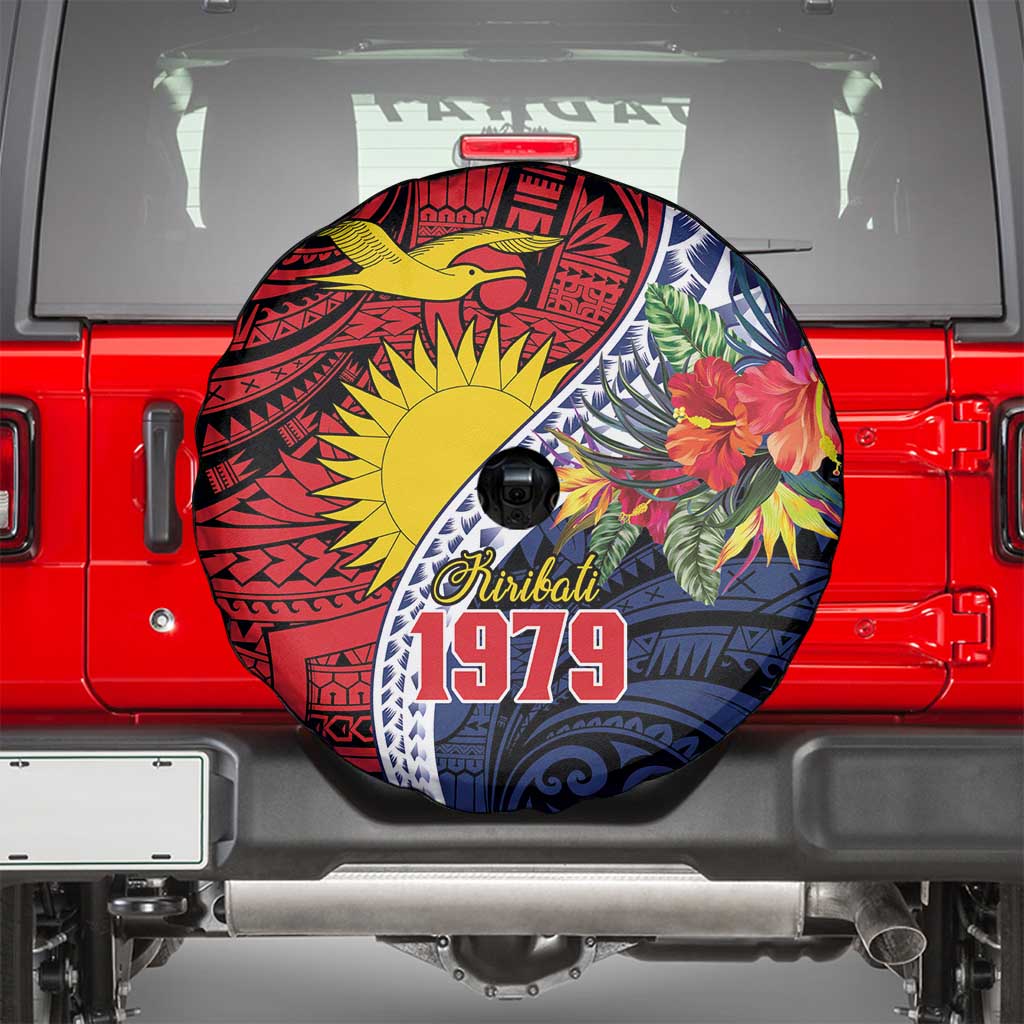 Flag of Kiribati Polynesian Pattern Spare Tire Cover Est 1979 With Tropical Flowers