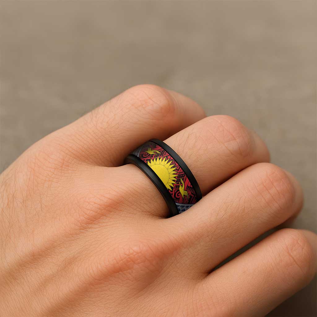 Flag of Kiribati Polynesian Pattern Spinner Ring Est 1979 With Tropical Flowers - Polynesian Pride