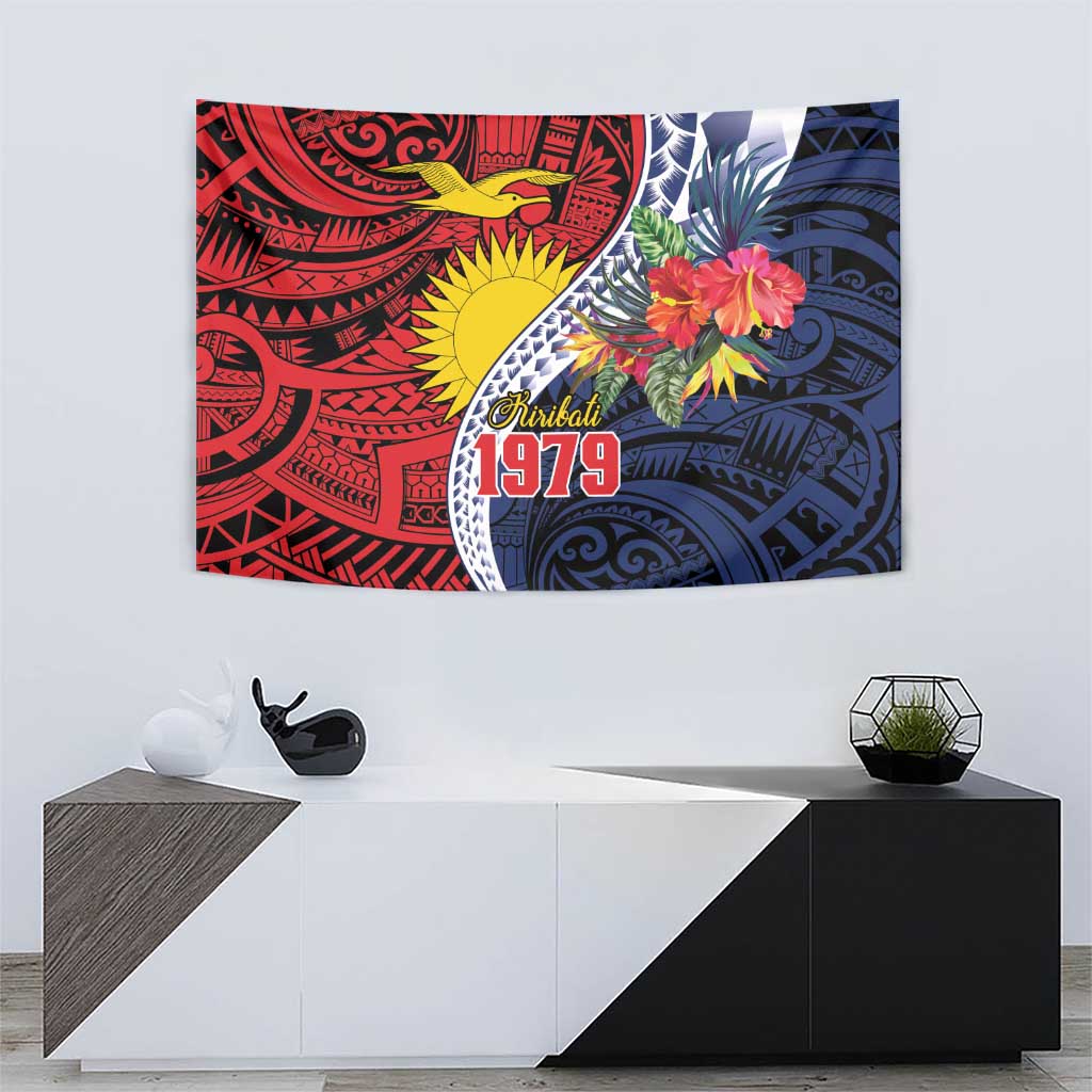 Flag of Kiribati Polynesian Pattern Tapestry Est 1979 With Tropical Flowers