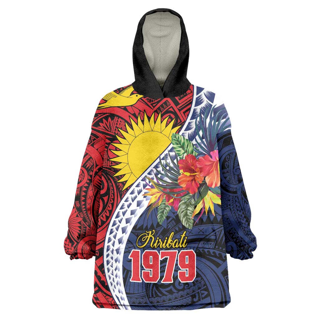 Flag of Kiribati Polynesian Pattern Wearable Blanket Hoodie Est 1979 With Tropical Flowers
