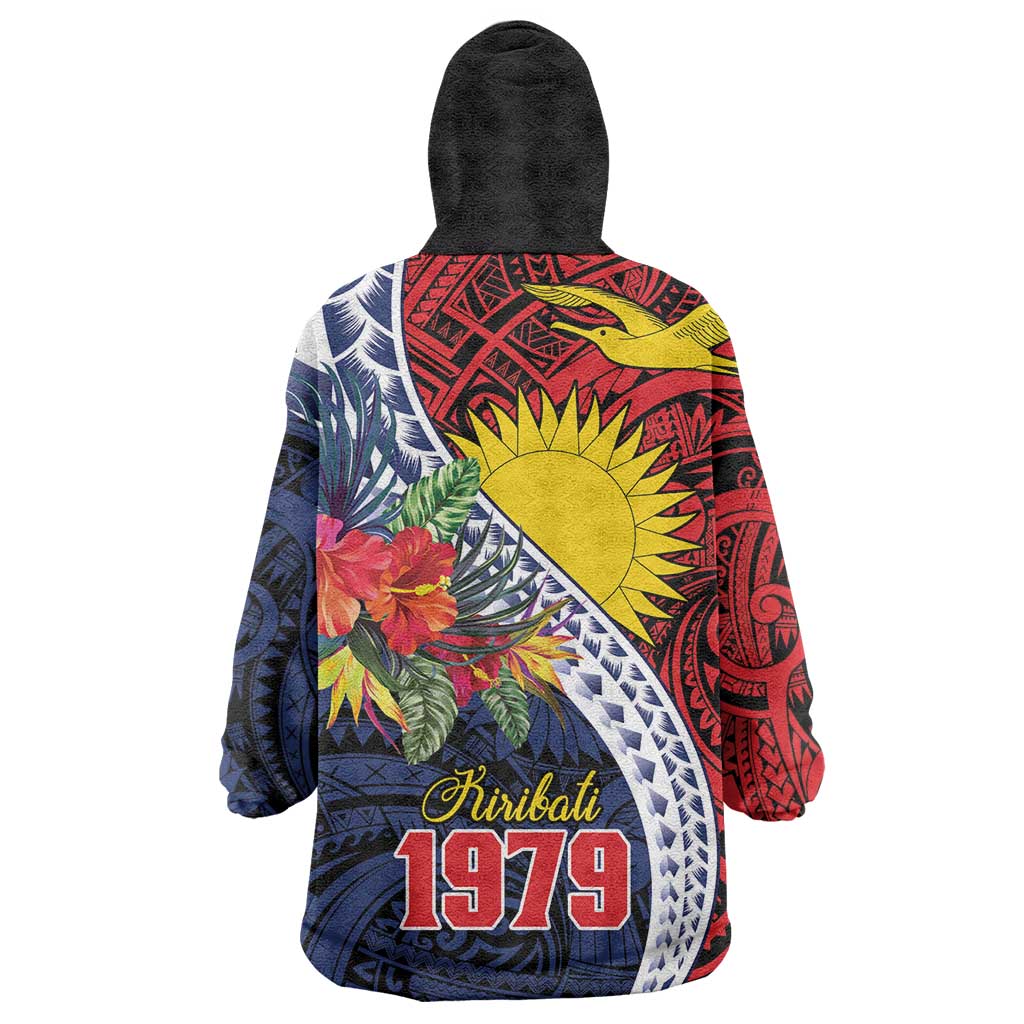 Flag of Kiribati Polynesian Pattern Wearable Blanket Hoodie Est 1979 With Tropical Flowers