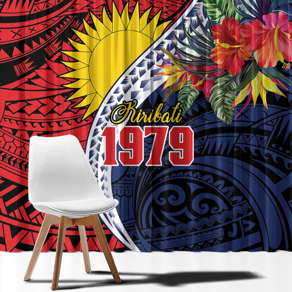 Flag of Kiribati Polynesian Pattern Window Curtain Est 1979 With Tropical Flowers