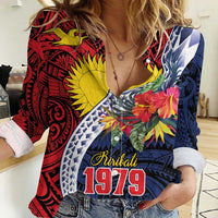 Flag of Kiribati Polynesian Pattern Women Casual Shirt Est 1979 With Tropical Flowers