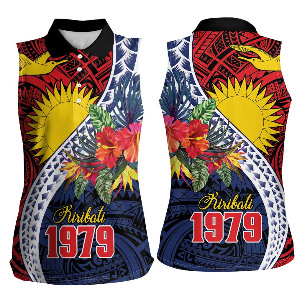 Flag of Kiribati Polynesian Pattern Women Sleeveless Polo Shirt Est 1979 With Tropical Flowers