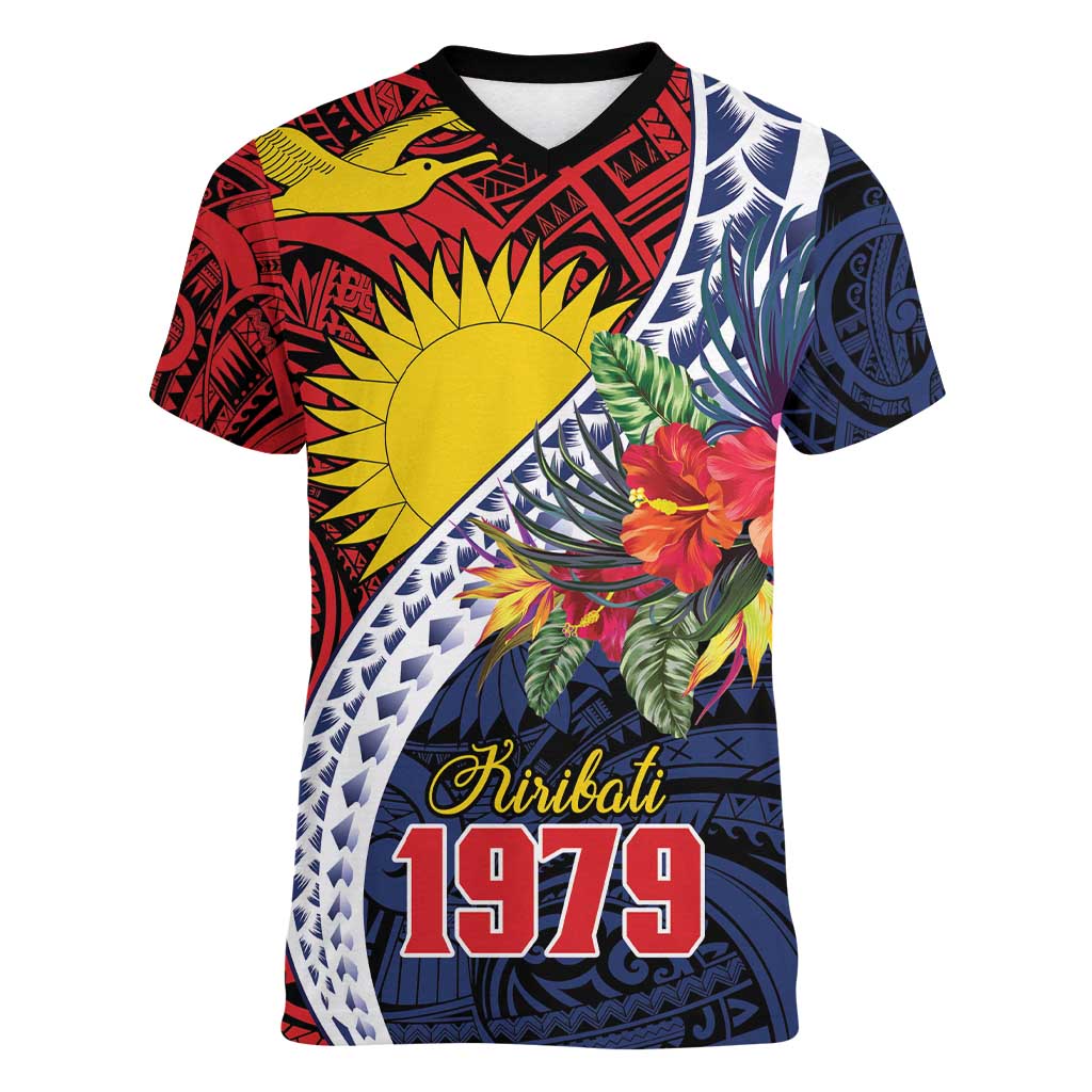 Flag of Kiribati Polynesian Pattern Women V-Neck T-Shirt Est 1979 With Tropical Flowers