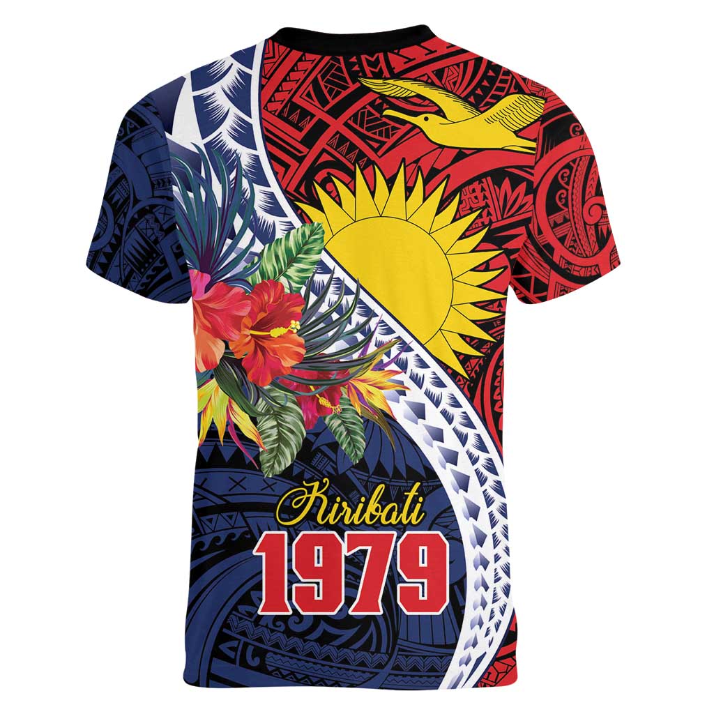 Flag of Kiribati Polynesian Pattern Women V-Neck T-Shirt Est 1979 With Tropical Flowers