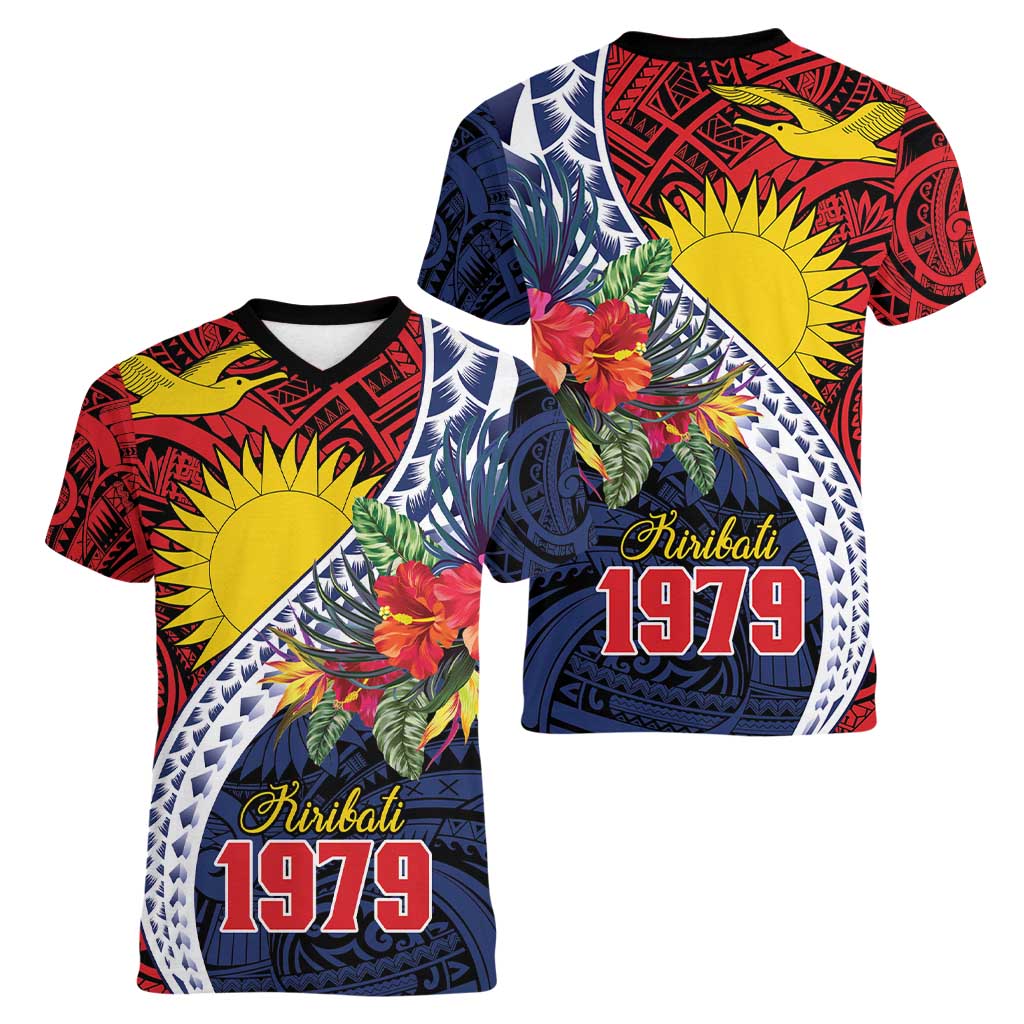 Flag of Kiribati Polynesian Pattern Women V-Neck T-Shirt Est 1979 With Tropical Flowers