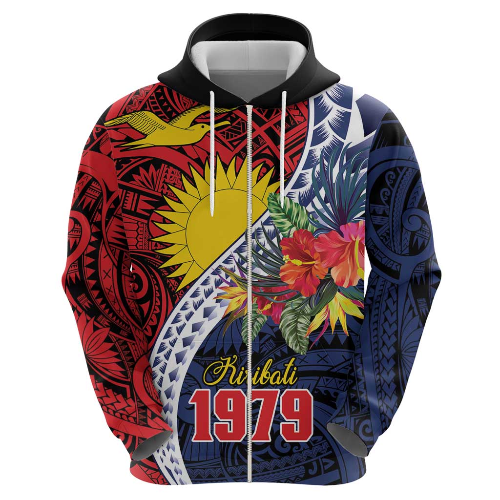 Flag of Kiribati Polynesian Pattern Zip Hoodie Est 1979 With Tropical Flowers