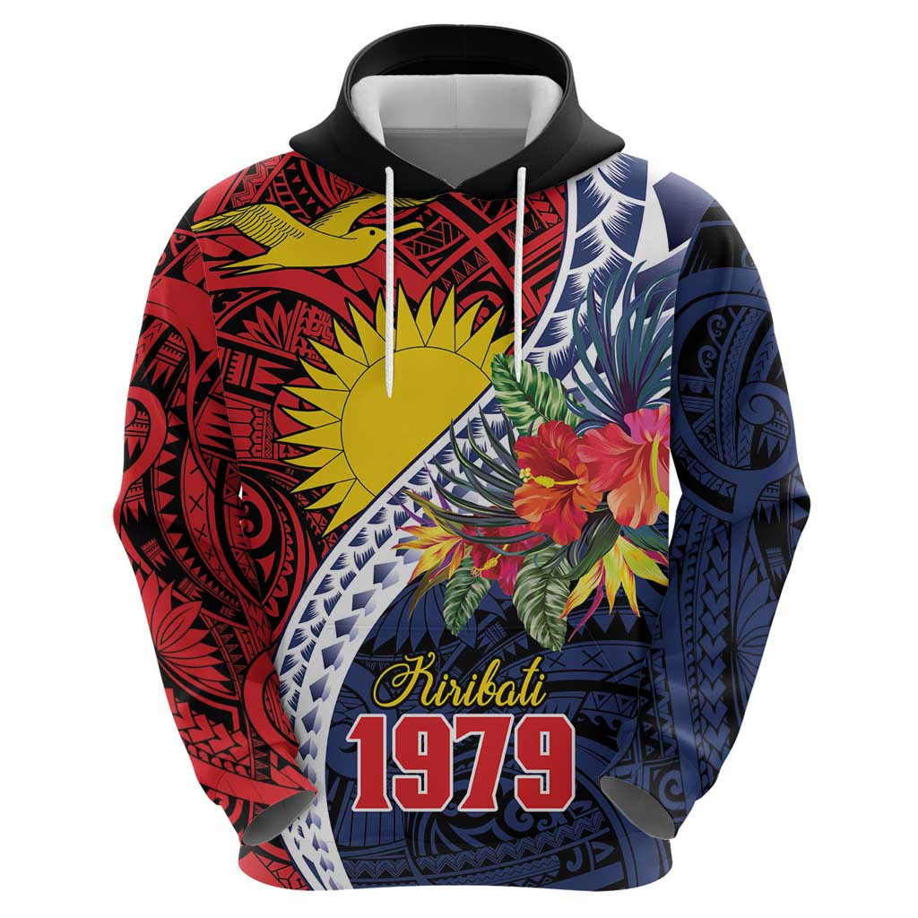 Flag of Kiribati Polynesian Pattern Zip Hoodie Est 1979 With Tropical Flowers