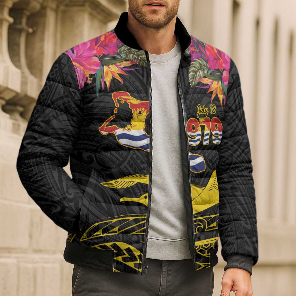 Kiribati Independence Day Personalised Bomber Puffer Jacket Gold Frigatebird with Polynesian Pattern - Polynesian Pride
