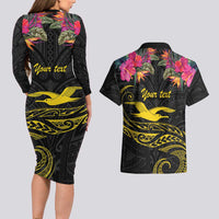 Kiribati Independence Day Personalised Couples Matching Long Sleeve Bodycon Dress and Hawaiian Shirt Gold Frigatebird with Polynesian Pattern