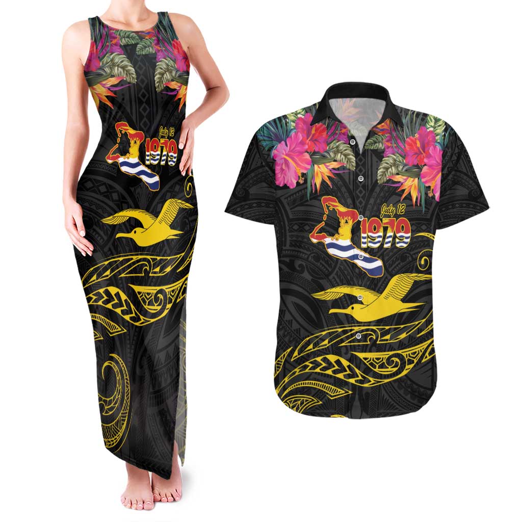 Kiribati Independence Day Personalised Couples Matching Tank Maxi Dress and Hawaiian Shirt Gold Frigatebird with Polynesian Pattern