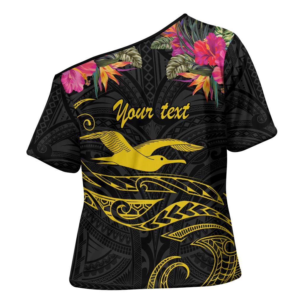 Kiribati Independence Day Personalised Cross Shoulder Shirt Gold Frigatebird with Polynesian Pattern - Polynesian Pride