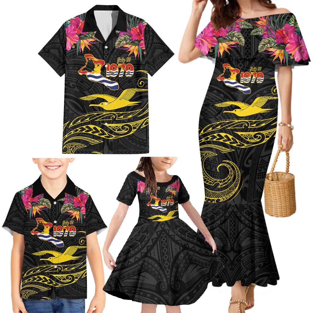 Kiribati Independence Day Personalised Family Matching Mermaid Dress and Hawaiian Shirt Gold Frigatebird with Polynesian Pattern