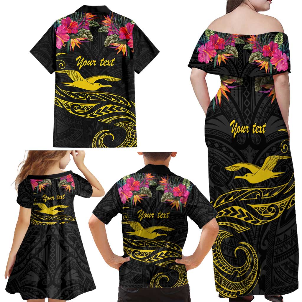Kiribati Independence Day Personalised Family Matching Off Shoulder Maxi Dress and Hawaiian Shirt Gold Frigatebird with Polynesian Pattern