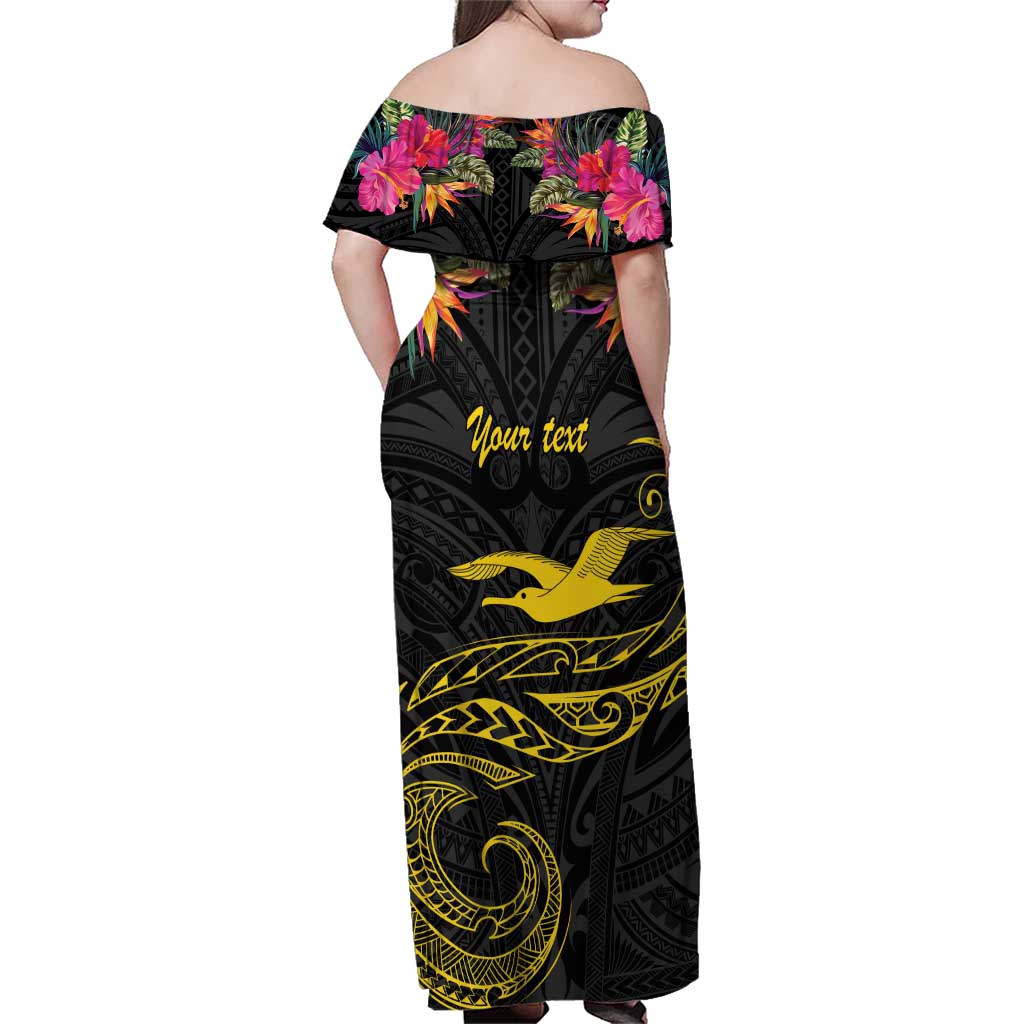 Kiribati Independence Day Personalised Family Matching Off Shoulder Maxi Dress and Hawaiian Shirt Gold Frigatebird with Polynesian Pattern