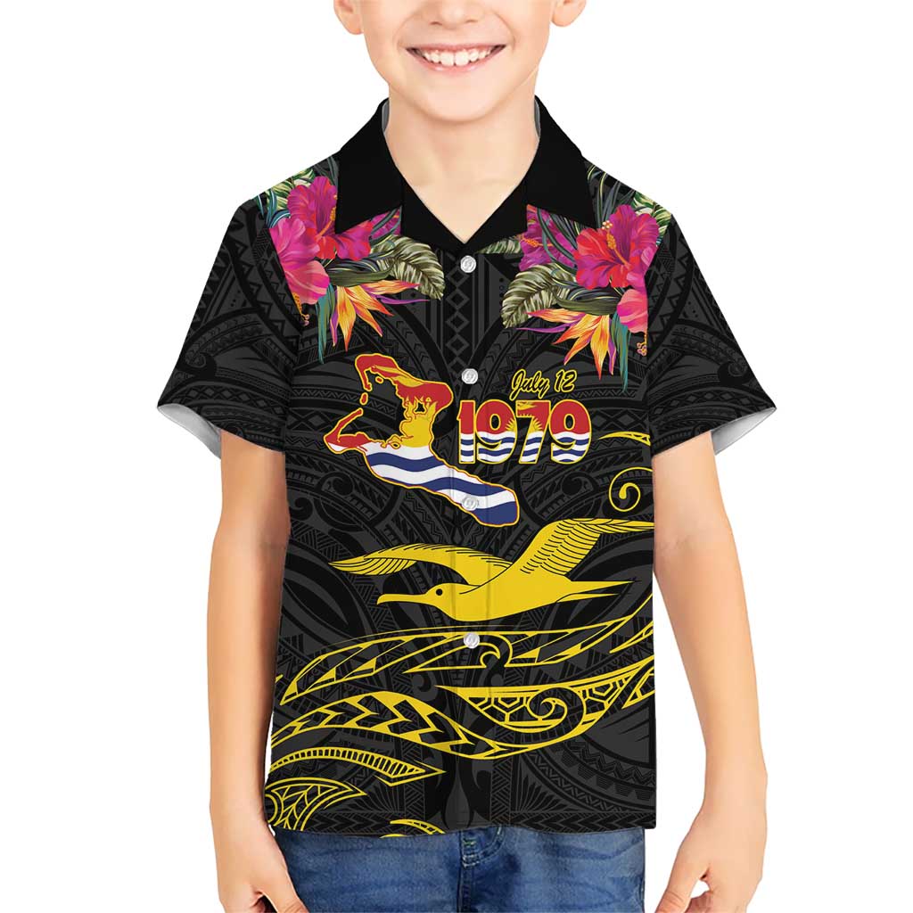 Kiribati Independence Day Personalised Kid Hawaiian Shirt Gold Frigatebird with Polynesian Pattern LT9 Kid Black - Polynesian Pride