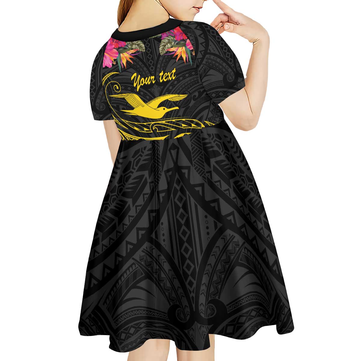 Kiribati Independence Day Personalised Kid Short Sleeve Dress Gold Frigatebird with Polynesian Pattern