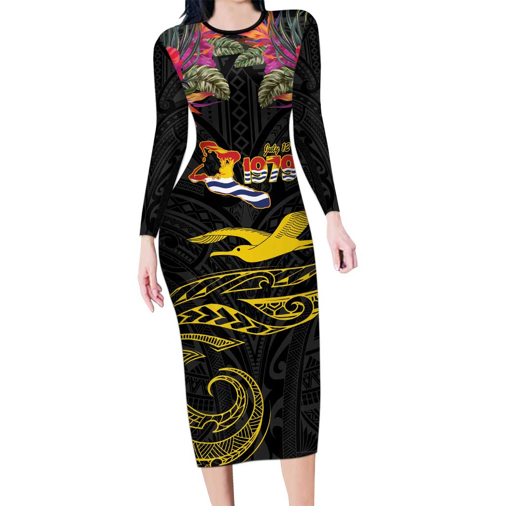 Kiribati Independence Day Personalised Long Sleeve Bodycon Dress Gold Frigatebird with Polynesian Pattern