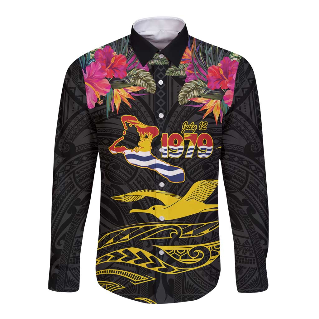 Kiribati Independence Day Personalised Long Sleeve Button Shirt Gold Frigatebird with Polynesian Pattern