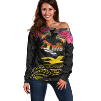Kiribati Independence Day Personalised Off Shoulder Sweater Gold Frigatebird with Polynesian Pattern
