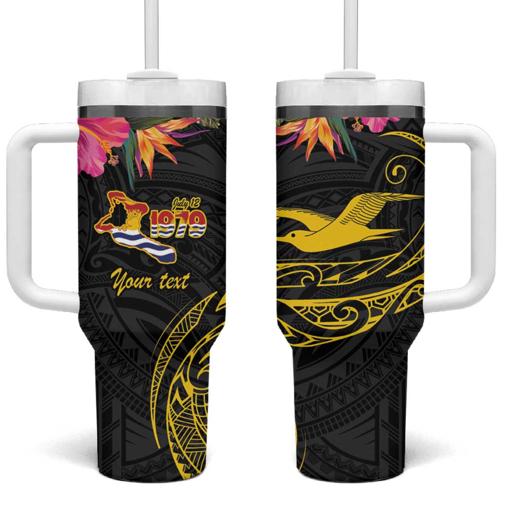 Kiribati Independence Day Personalised Tumbler With Handle Gold Frigatebird with Polynesian Pattern