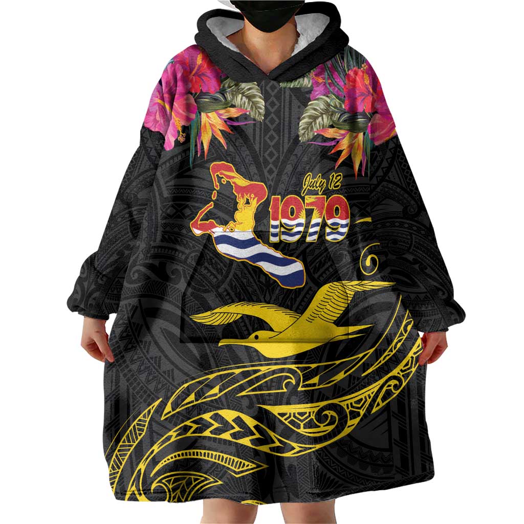 Kiribati Independence Day Personalised Wearable Blanket Hoodie Gold Frigatebird with Polynesian Pattern