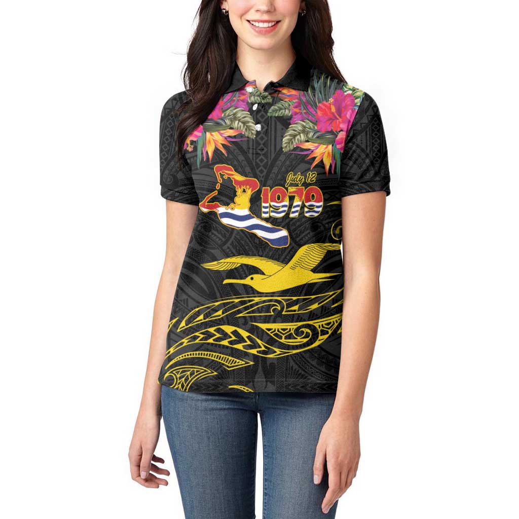Kiribati Independence Day Personalised Women Polo Shirt Gold Frigatebird with Polynesian Pattern