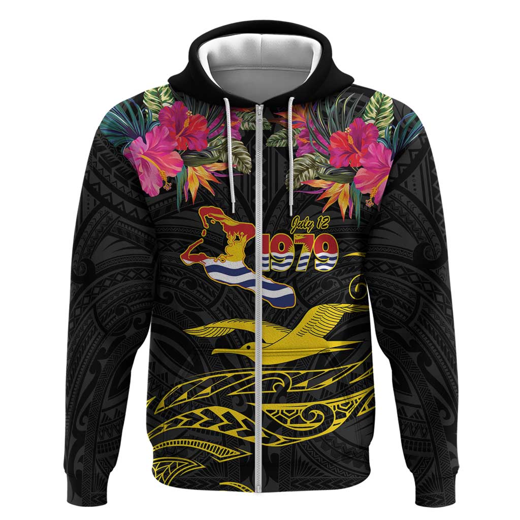 Kiribati Independence Day Personalised Zip Hoodie Gold Frigatebird with Polynesian Pattern