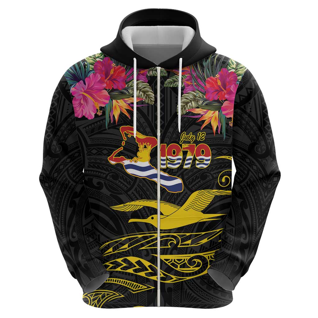 Kiribati Independence Day Personalised Zip Hoodie Gold Frigatebird with Polynesian Pattern