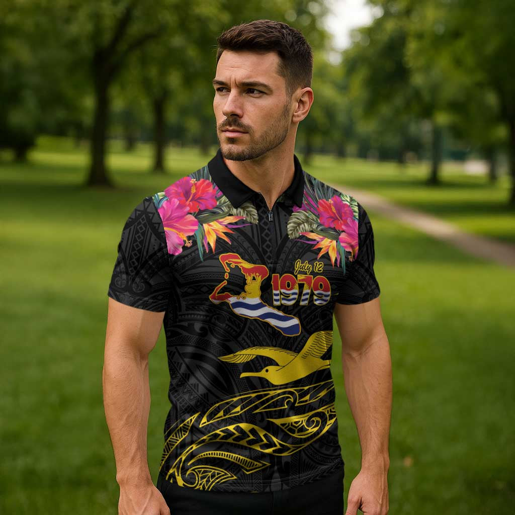 Kiribati Independence Day Personalised Zipper Polo Shirt Gold Frigatebird with Polynesian Pattern - Polynesian Pride