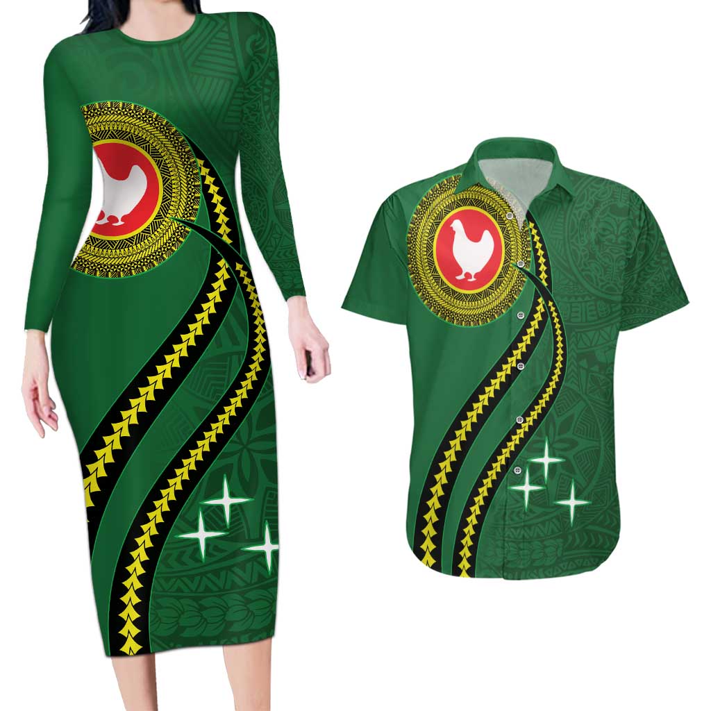 Manua Islands Polynesian Style Couples Matching Long Sleeve Bodycon Dress and Hawaiian Shirt