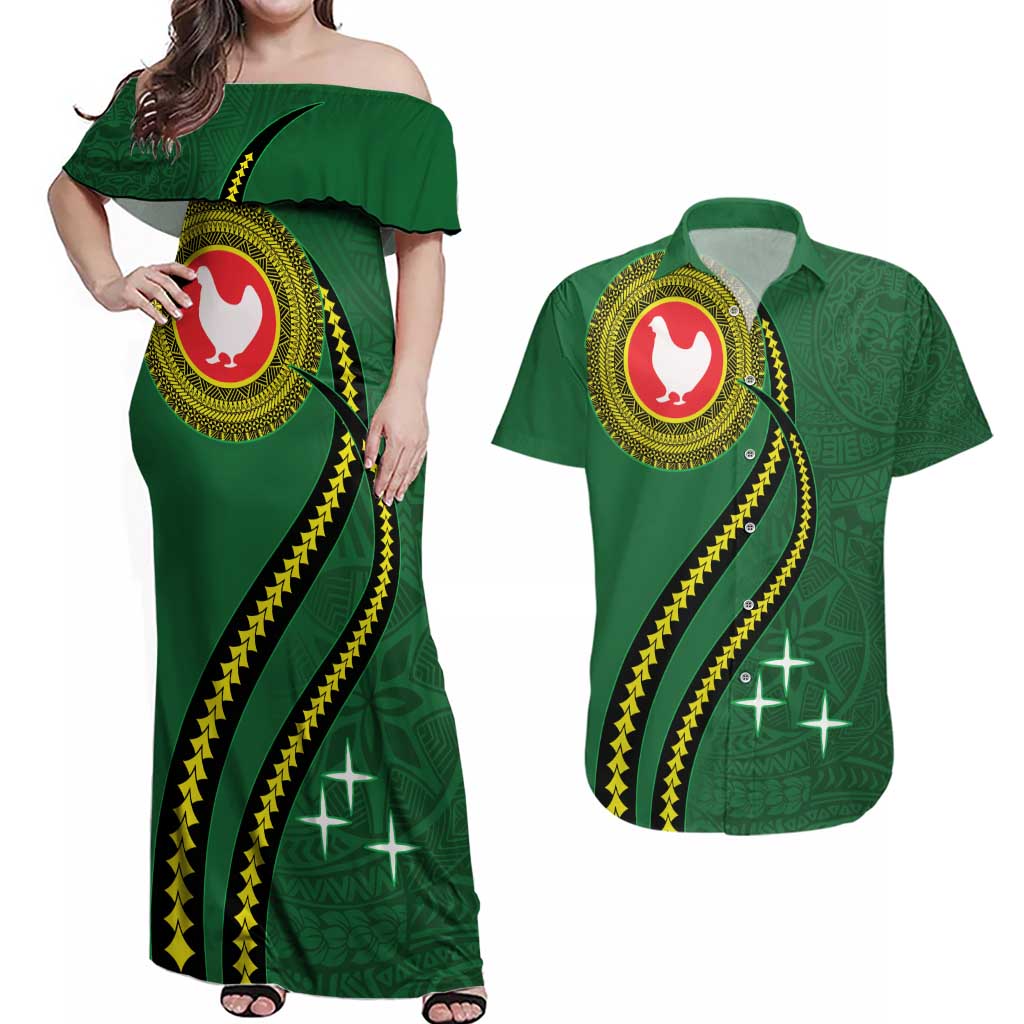 Manua Islands Polynesian Style Couples Matching Off Shoulder Maxi Dress and Hawaiian Shirt