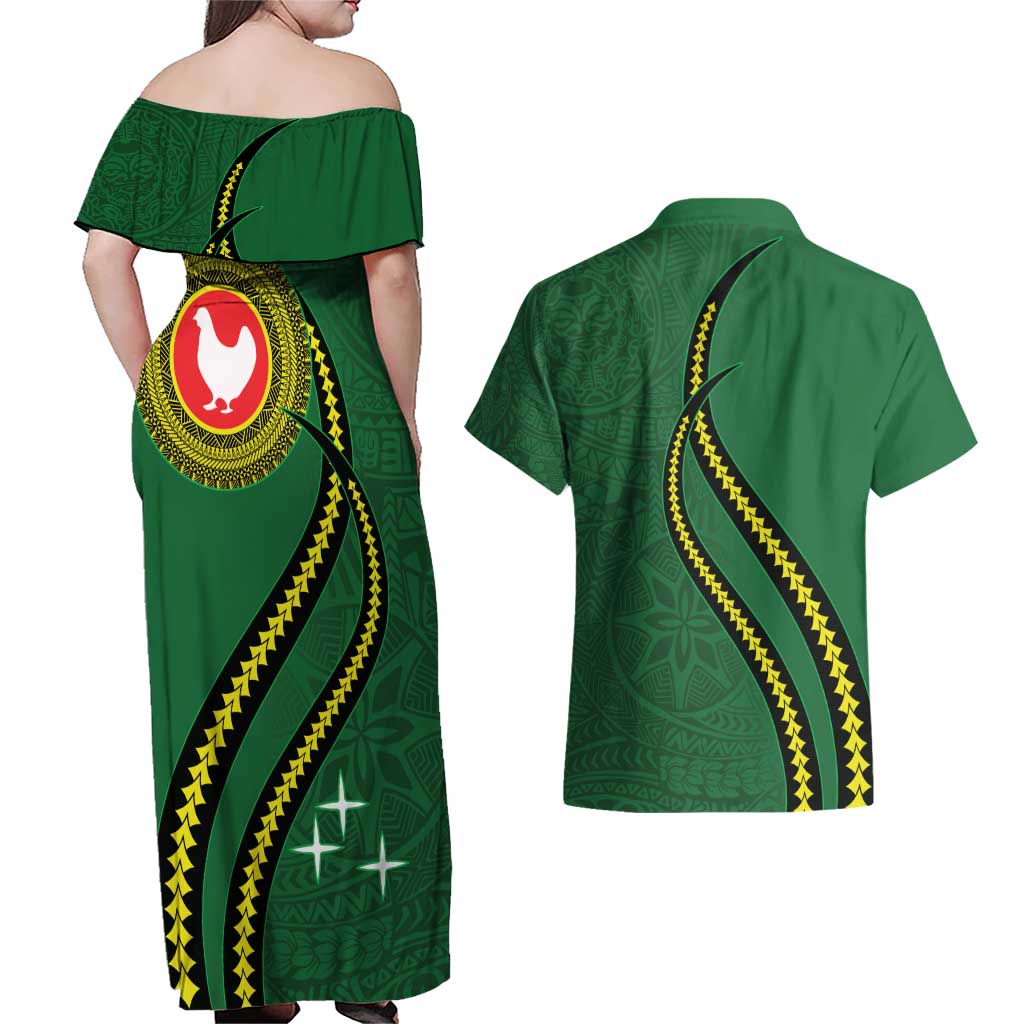 Manua Islands Polynesian Style Couples Matching Off Shoulder Maxi Dress and Hawaiian Shirt