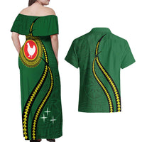 Manua Islands Polynesian Style Couples Matching Off Shoulder Maxi Dress and Hawaiian Shirt