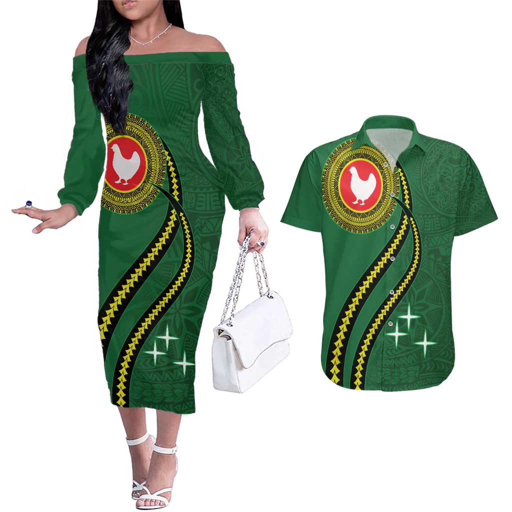 Manua Islands Polynesian Style Couples Matching Off The Shoulder Long Sleeve Dress and Hawaiian Shirt