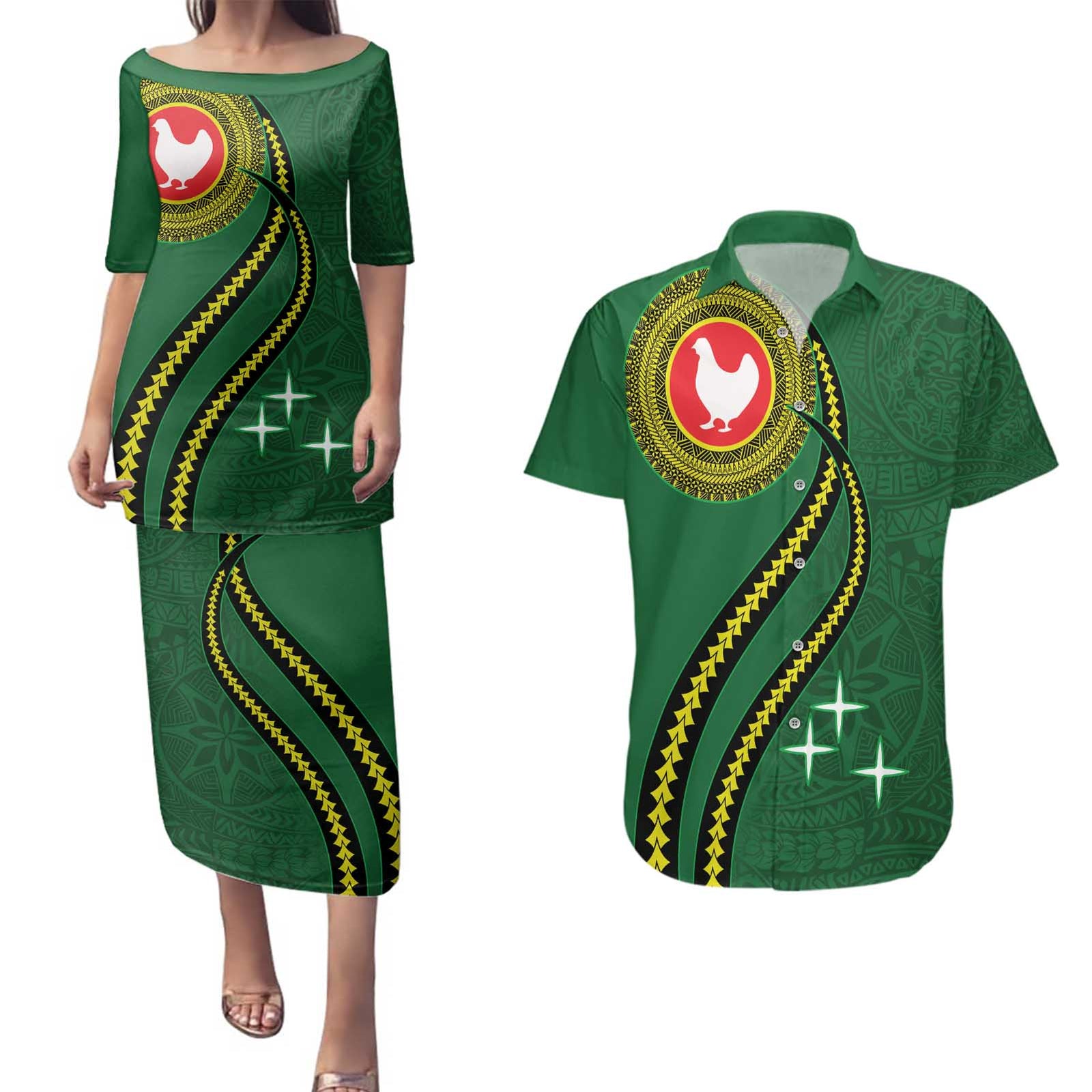 Manua Islands Polynesian Style Couples Matching Puletasi and Hawaiian Shirt