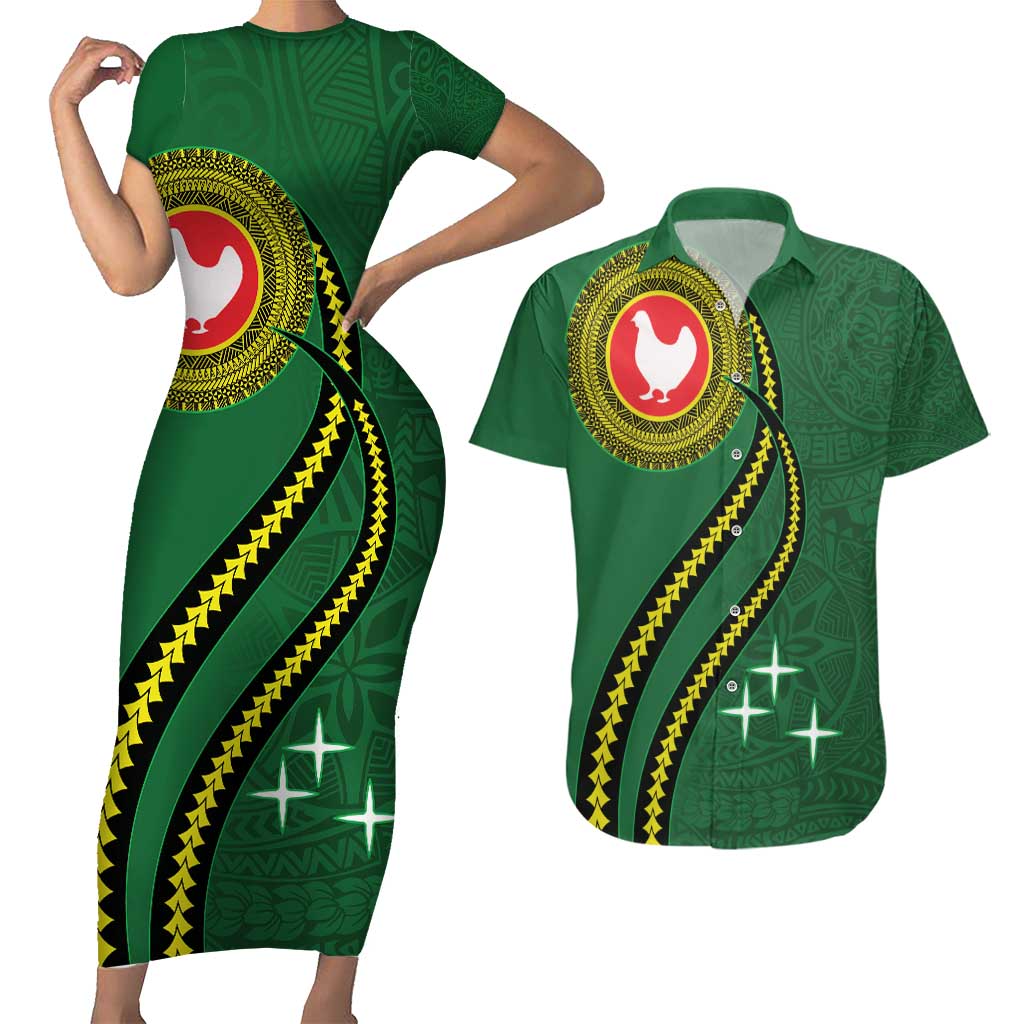 Manua Islands Polynesian Style Couples Matching Short Sleeve Bodycon Dress and Hawaiian Shirt