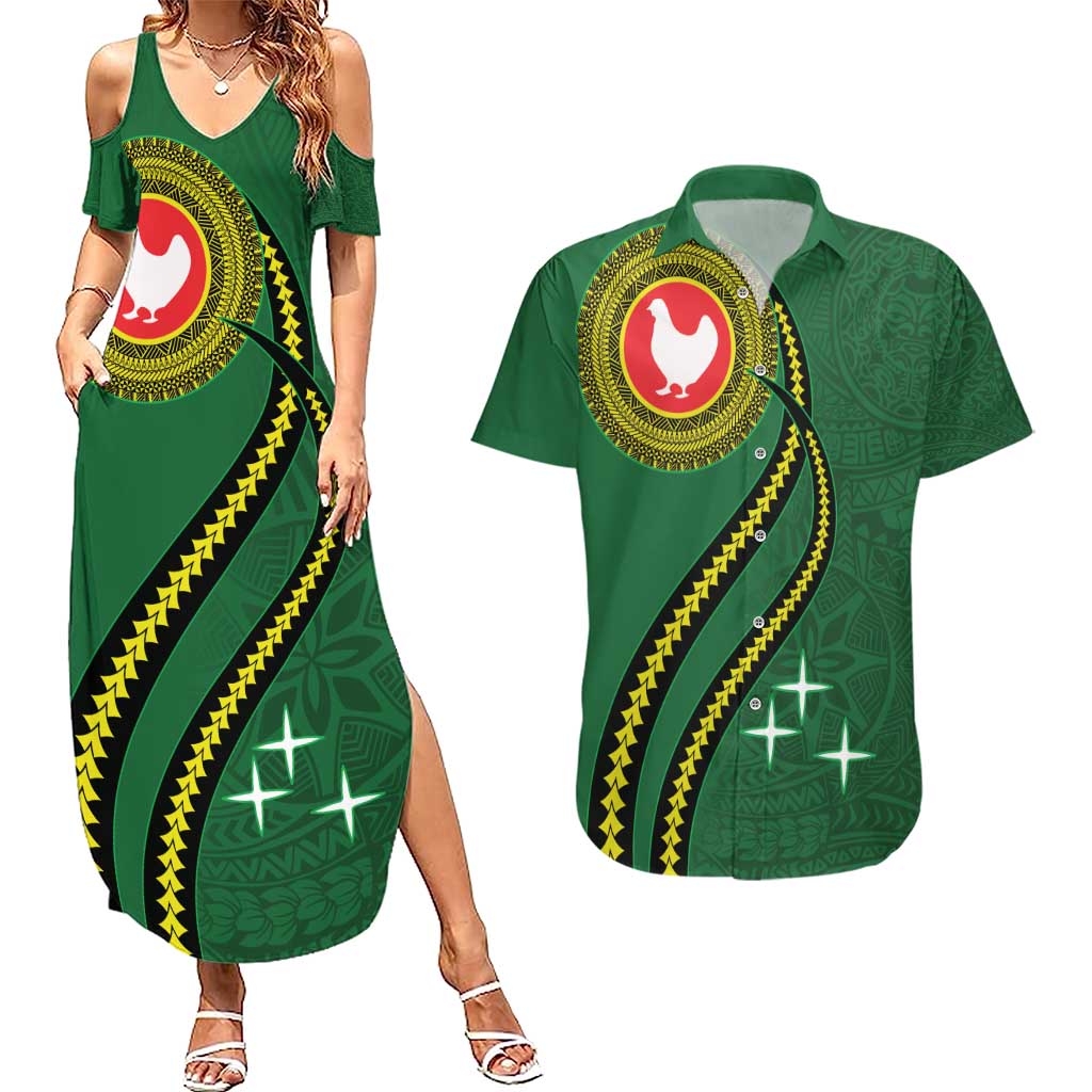 Manua Islands Polynesian Style Couples Matching Summer Maxi Dress and Hawaiian Shirt