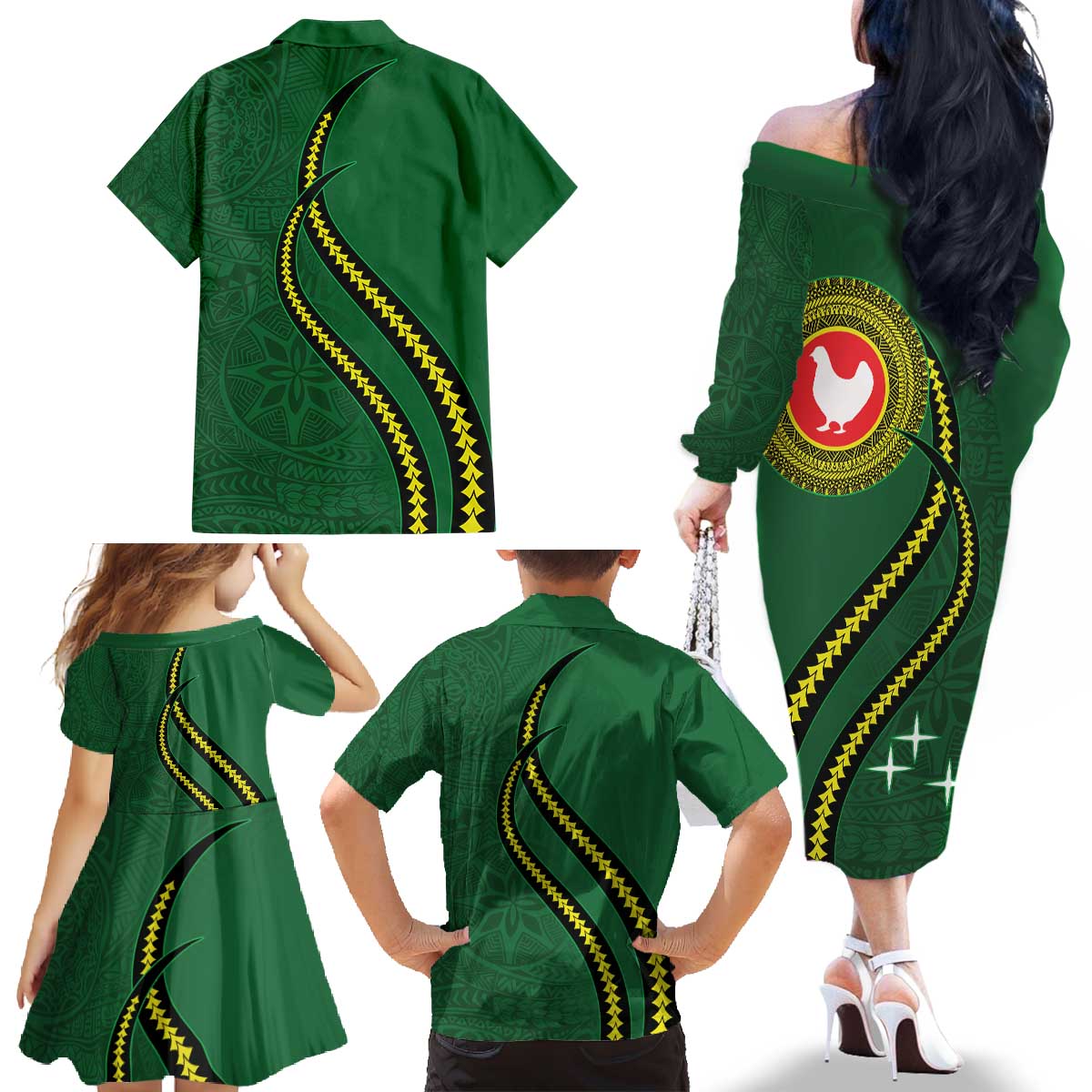 Manua Islands Polynesian Style Family Matching Off The Shoulder Long Sleeve Dress and Hawaiian Shirt