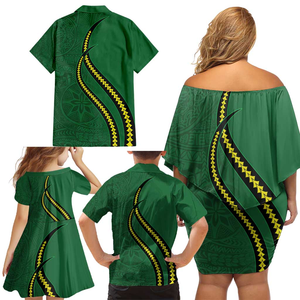 Manua Islands Polynesian Style Family Matching Off Shoulder Short Dress and Hawaiian Shirt