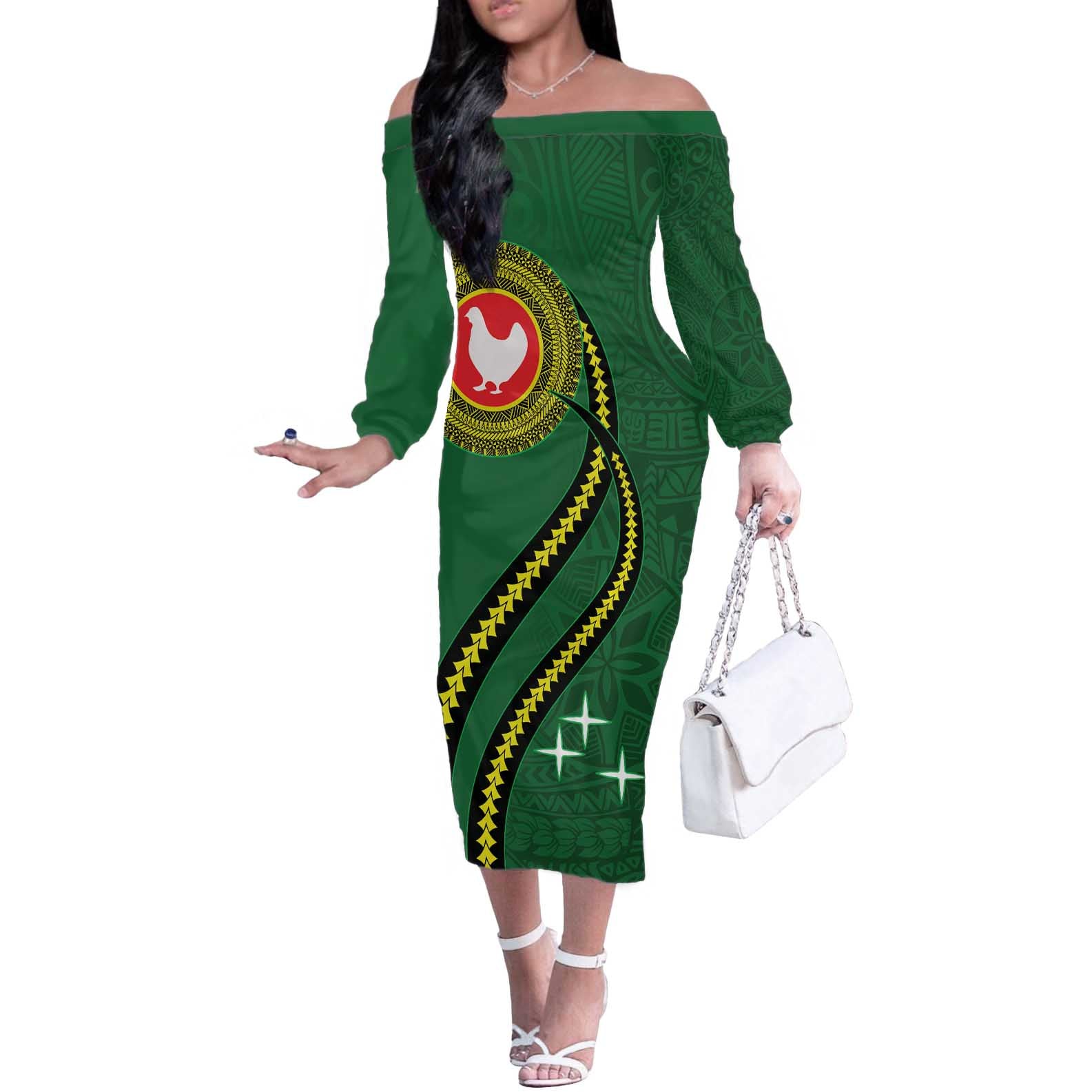 Manua Islands Polynesian Style Off The Shoulder Long Sleeve Dress