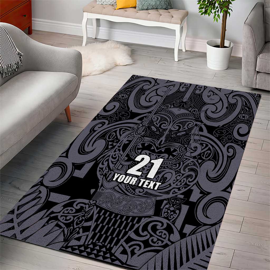 Custom New Zealand Taiaha Maori Area Rug Minimalist Silver Fern All Black - Polynesian Pride